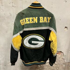 Vintage 90s NFL Green Bay Packers Suede Leather Full Zip Jacket Coat XL Football